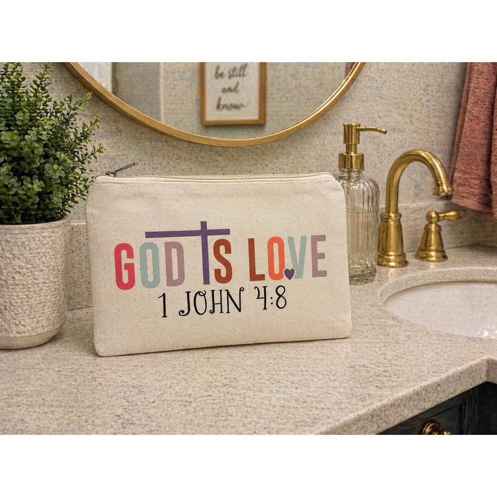 Christian Makeup Bag God's Love 1 John 4:8 Canvas Cosmetic Pouch Faith Gift